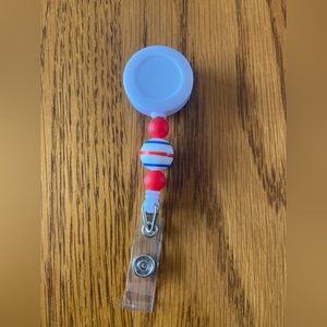 Red, White,and Blue Striped SIlicone Bead with Red Beads retractable badge reel